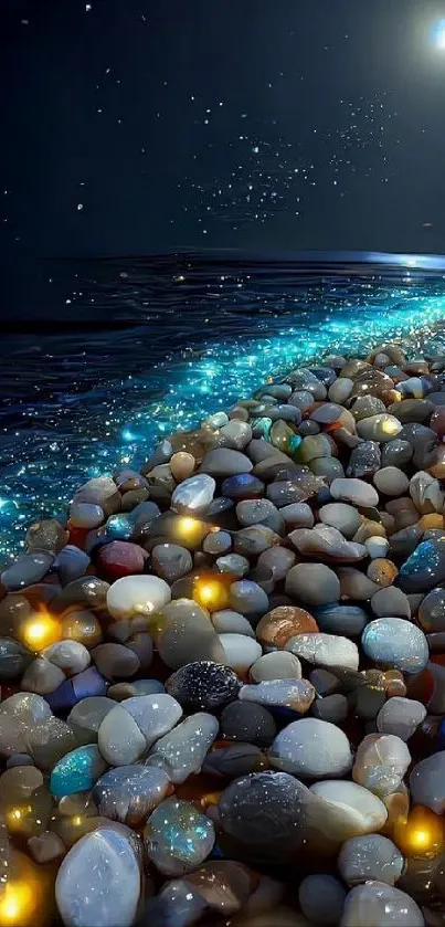 Pebble beach under starry night sky with glowing stones and moonlit water.