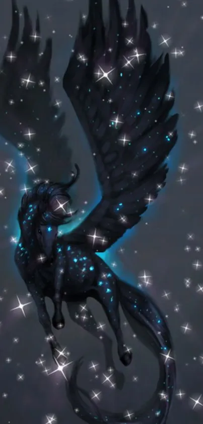 Fantasy Pegasus with stars in a night sky, glowing in dark hues.