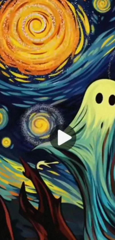 Whimsical ghost in a starry abstract sky.