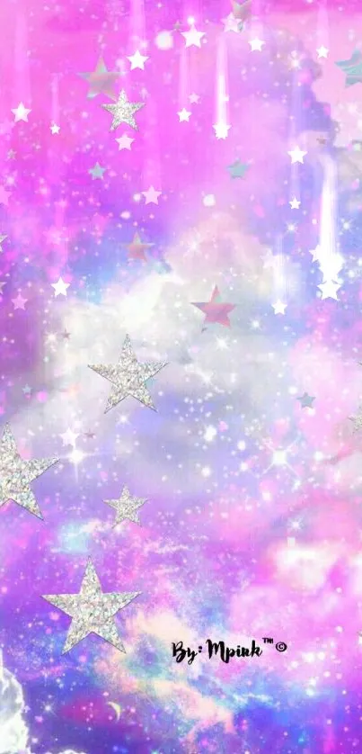 Pink and purple cosmic wallpaper with stars and clouds.