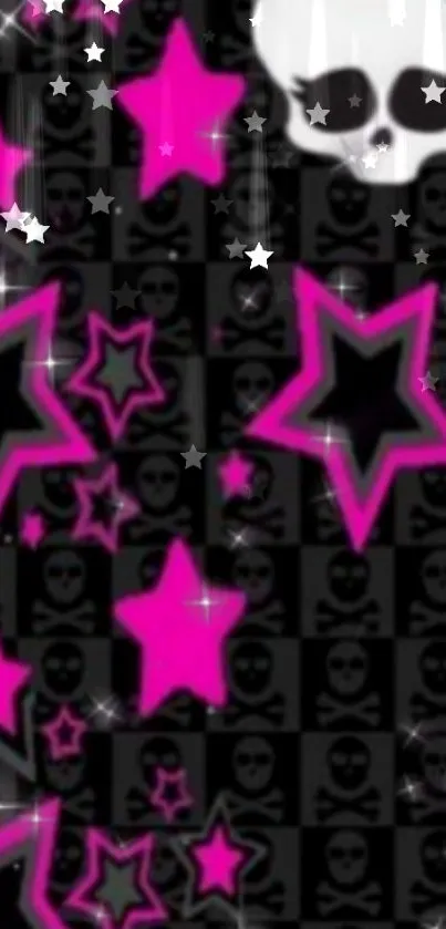 Pink stars and skull mobile wallpaper with black background.