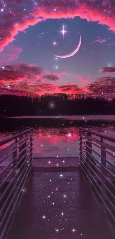 Mystical pier leads to a starry pink sky with a crescent moon.