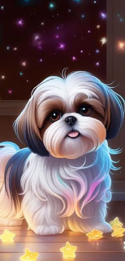 Cute puppy surrounded by glowing stars on a wooden floor against night sky.