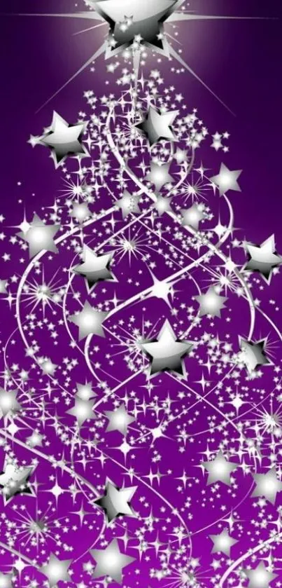 Silver starry Christmas tree on purple background wallpaper.