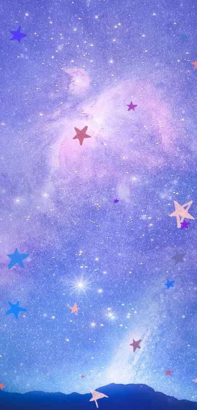 Starry purple galaxy wallpaper with bright stars and a cosmic background.