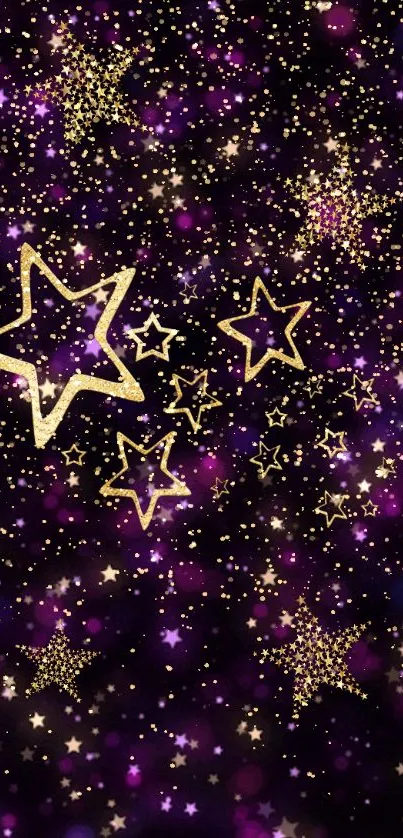 Starry purple night mobile wallpaper with golden stars.