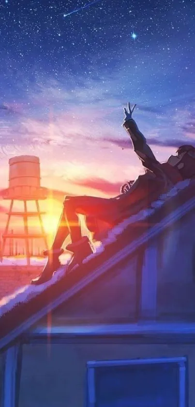 Man relaxing on roof under starry evening sky with sunset glow.