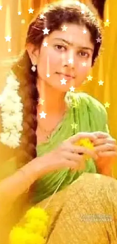 Serene woman in traditional attire with starry overlay.