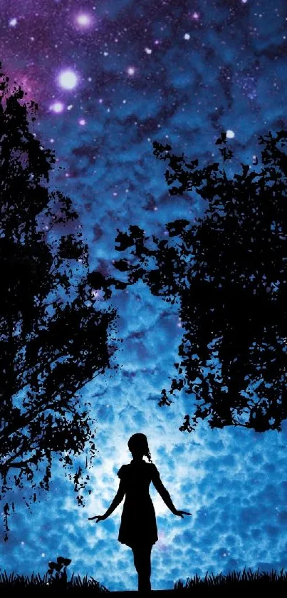 Silhouette of a person under a starry night sky with trees.