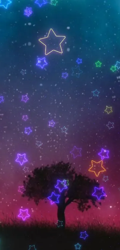 Vibrant neon stars with silhouetted tree on purple background.