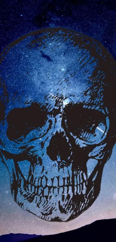 Dark blue starry sky mobile wallpaper with skull design.