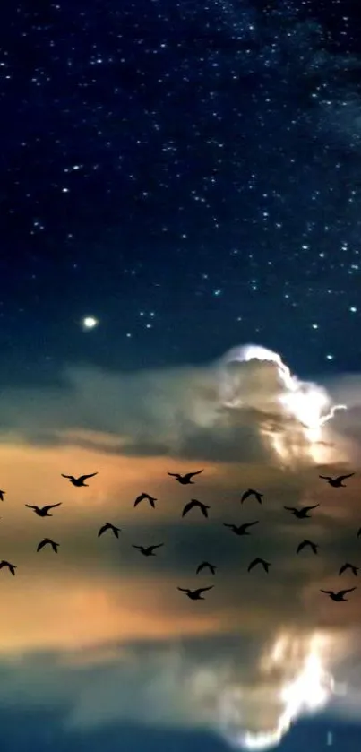 Starry night sky over a calm lake reflecting clouds and flying birds.