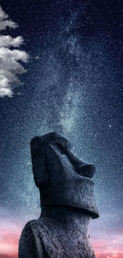 Starry night sky with Moai statue silhouette.