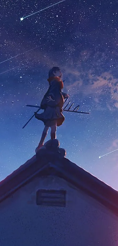 Anime character under starry night sky on a rooftop.