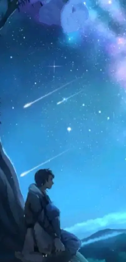 Anime wallpaper of a serene figure under a starry night sky with shooting stars.