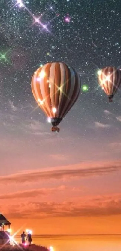 Hot air balloons float under a starry sky at dusk, creating a dreamy travel scene.