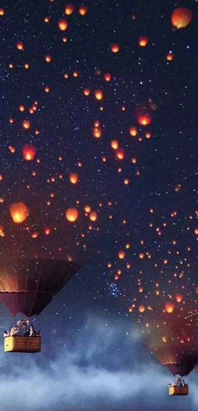 Hot air balloons float under a starry night sky.