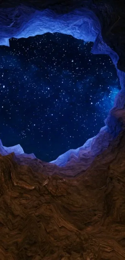 Starry sky through a cave opening, blending earth and cosmos.