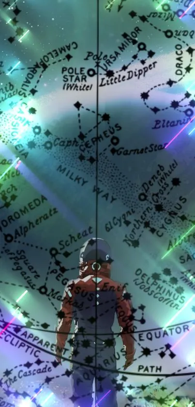 Stargazer viewing a constellation map with vibrant stars.