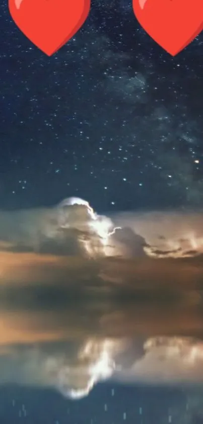 Hearts in a starry night sky over a reflective water surface.