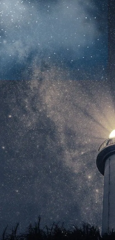 Starry sky over a lighthouse emitting light.