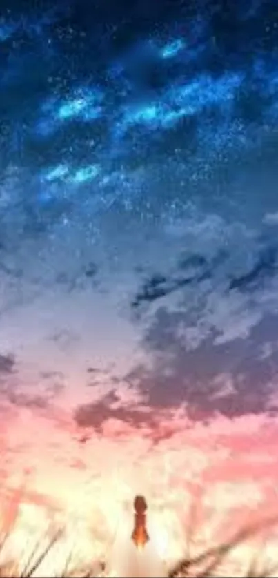 Starry sky with blue cosmic hues and a pink horizon.