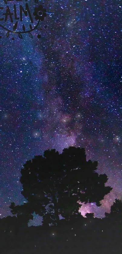 Starry night sky with silhouetted trees in a calming, cosmic mobile wallpaper.