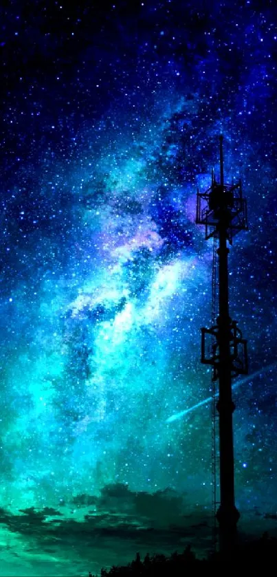 Starry sky nightscape wallpaper with tower silhouette.