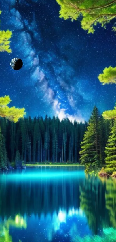 Beautiful starry night sky over a tranquil forest lake reflecting cosmic beauty.