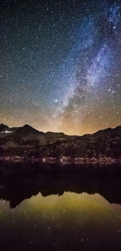 Starry night sky over mountains with Milky Way reflection.