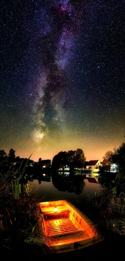 Starry night over a serene lake with a glowing boat.