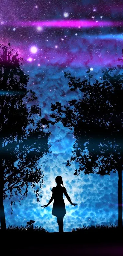 Silhouette of a girl under a starry sky with trees, perfect for phone wallpaper.