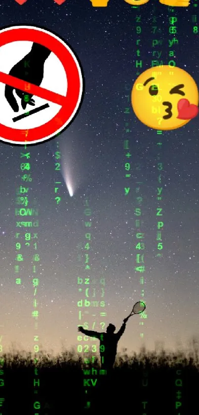 Silhouette with racket under a starry night sky, emojis above.