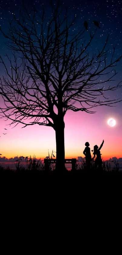 Silhouette of two people under a starry sky and sunset.