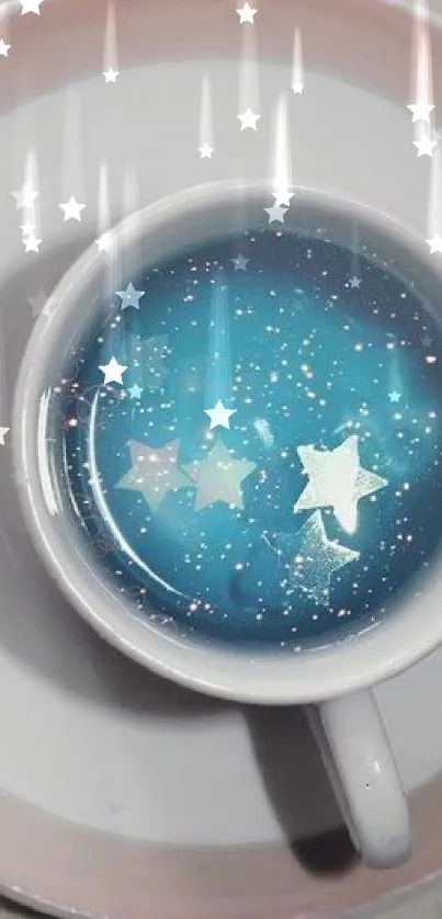 A teacup filled with starry blue liquid, creating a magical wallpaper design.