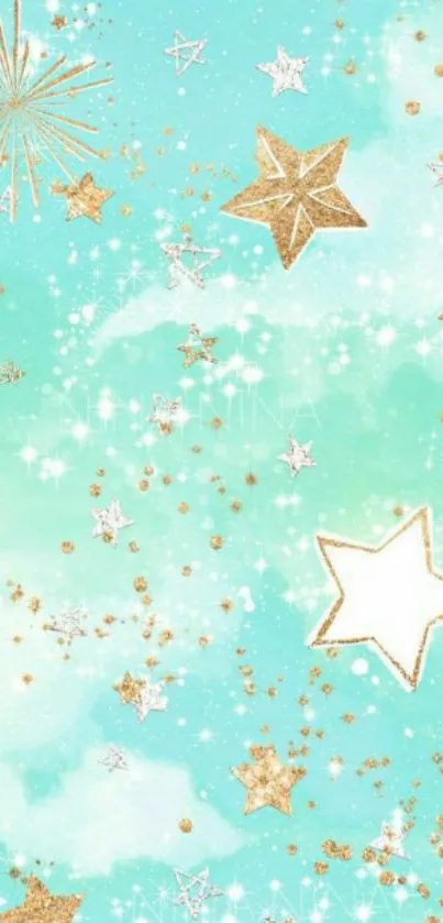 Turquoise wallpaper with golden stars and cosmic theme.