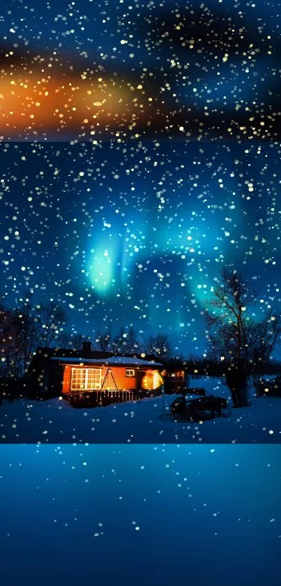 Winter night with a cabin under a starry sky and northern lights.