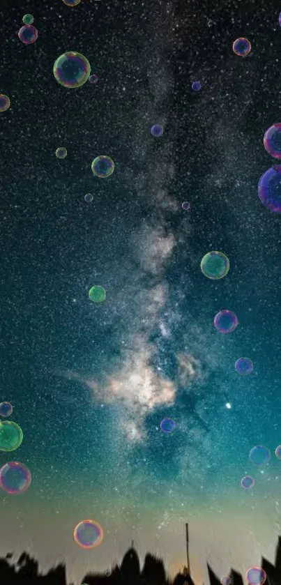 Starry sky with colorful bubbles in space.