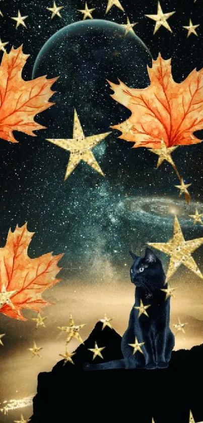 Wallpaper with a black cat, stars, and autumn leaves under a dark starry sky.