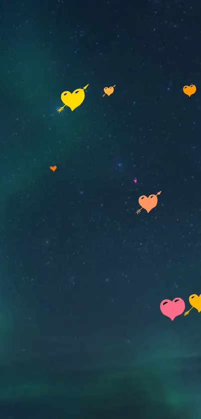 Starry night sky with colorful heart shapes.