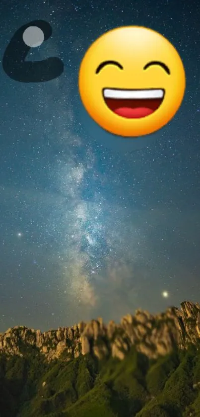 Playful night sky wallpaper with emoji and mountain.