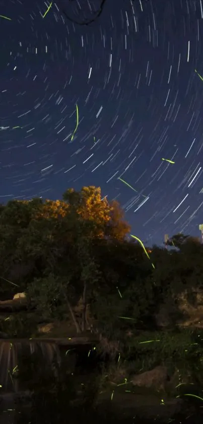 A starry sky with bright fireflies at night over a landscape.