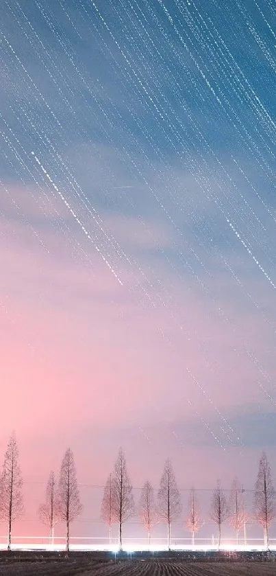 Pastel sky with star trails and silhouetted trees.