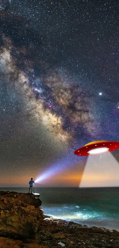 Starry sky with a UFO over the ocean at night.