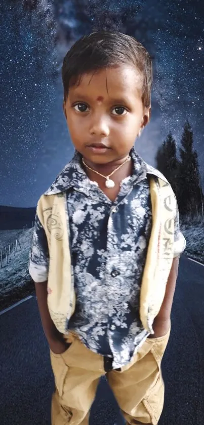 Child stands on road beneath starry sky wallpaper.