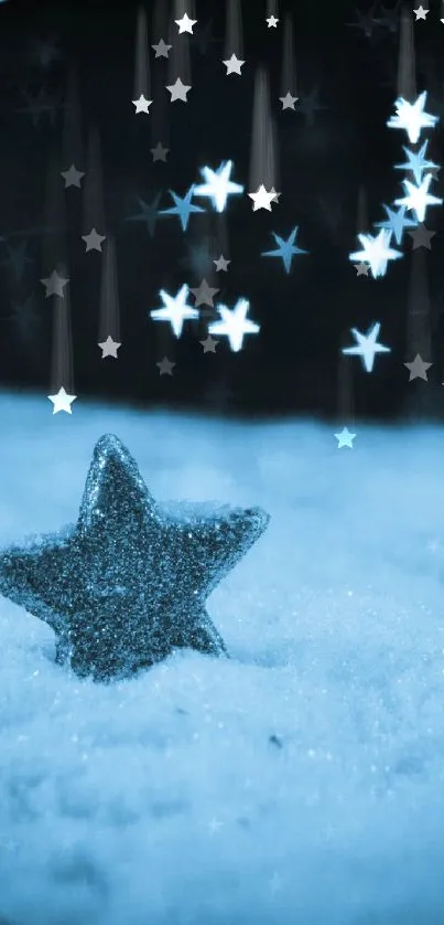 Glittering star on snowy surface with starry night sky.