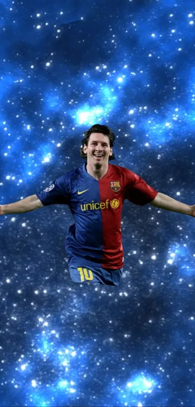 Soccer player celebrating in a starry blue cosmic background.