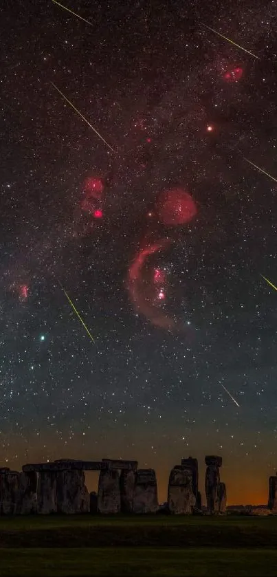 Starry night sky over Stonehenge with colorful celestial patterns.