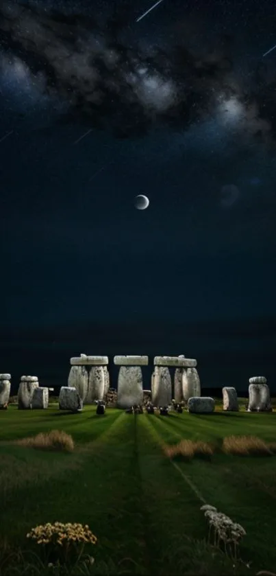 Stonehenge under a star-filled night sky with a vibrant moon and lush greenery.