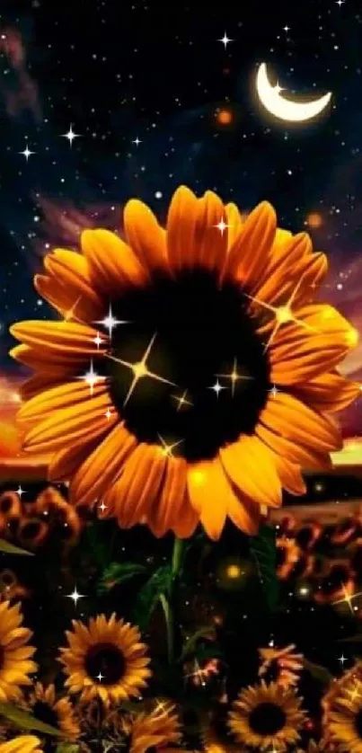 Vibrant yellow sunflowers under a starry night sky with crescent moon.